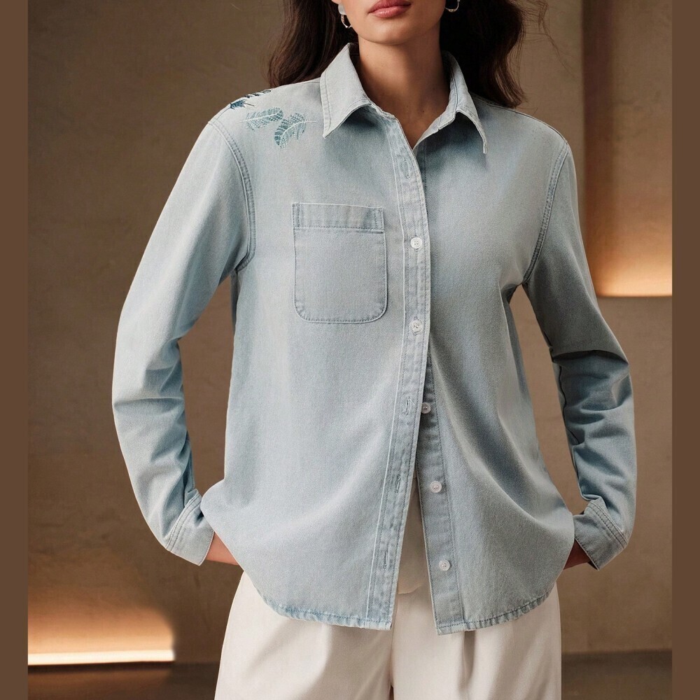 Light Blue Embroidered Feather Denim Button Front Long Sleeve Shirt